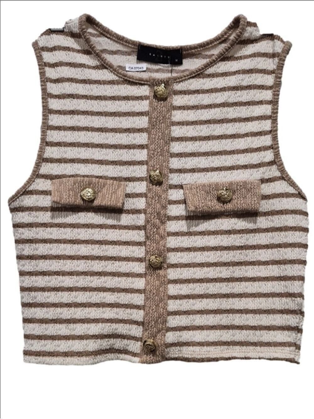 21 Saints Beige Cream Horizontal Stripe Textured Cropped Cardigan M
